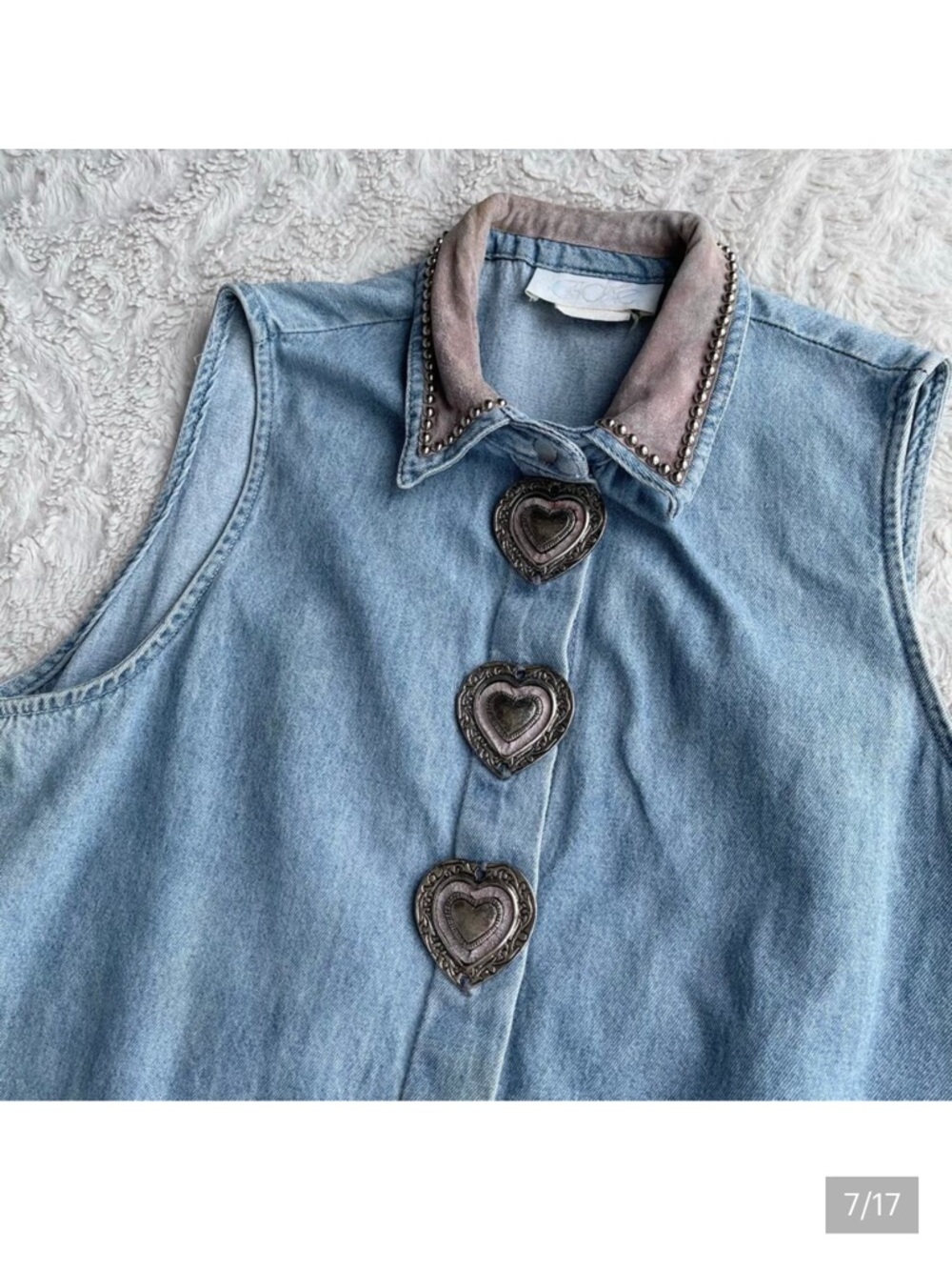 Cache vintage 90s metal heart adorned studded denim top jean blouse sleeveless M - Picture 6 of 7
